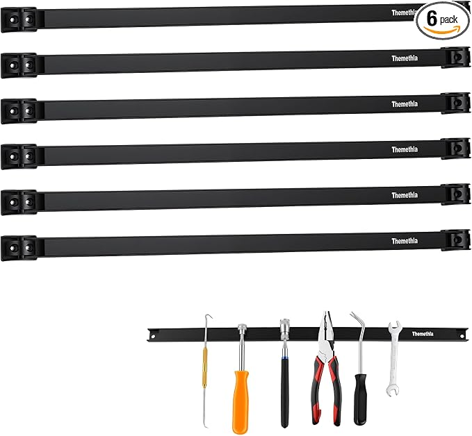 24" Magnetic Tool Holder Strip, 6 Pieces Black Metal Tool Organizer Rack with Stainless Steel Surface, Magnet Bar for Garage Workshop, Easy To Install with Mounting Screws