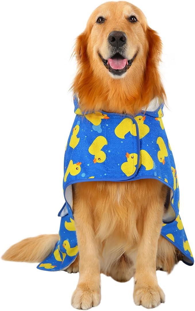 HDE Dog Bathrobe Super Absorbent Quick Drying Puppy Towel Wrap Coat Adjustable After Bath Robes with Hood for Dog Sizes S-XXL Blue Rubber Ducks XL