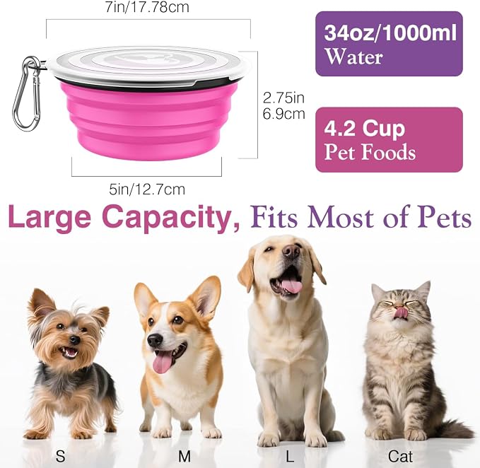 Pawaboo Collapsible Travel Dog Bowls 2 Pack with Lids&Carabiners Silicone | Feeding Watering Bowls for Dogs Cats, Collapsable Water Feeder Food Bowl for Walking Traveling Home Use, Pink + Purple