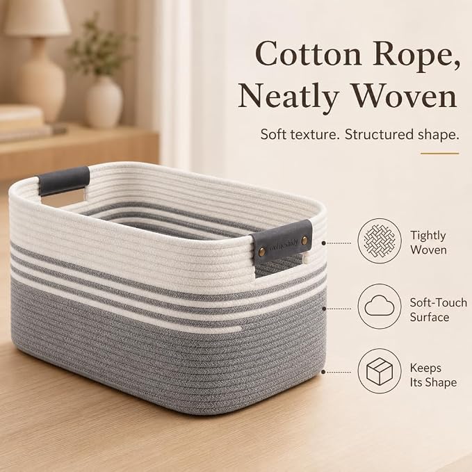 Cotton Rope Laundry Basket Extra Large, 22.8GAL Collapsible Woven Storage Baskets for Living Room Kids Toys Stuffed Animal,Boho Rectangular Decorative Hamper for Dirty Clothes, Blankets White Grey