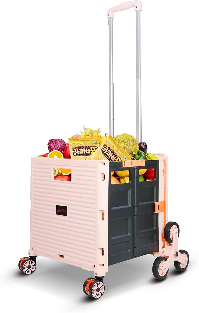 Foldable Utility Cart Collapsible Crate Rolling Carts with Stair Climbing Wheels Rolling Tote Basket Teacher Cart with Lid Wear-Resistant 360°Rotate Wheel Noiseless for Shopping Grocery Office