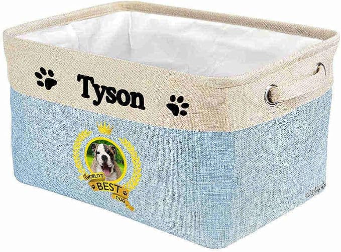 Custom Name Collapsible Dog Toy Storage Basket Bin World's Best Dog English Bulldog Puppy Foldable Pet Toy Box Closet Shelf Baskets Organizer for Bedroom Home Dog Cat with Handles Blue