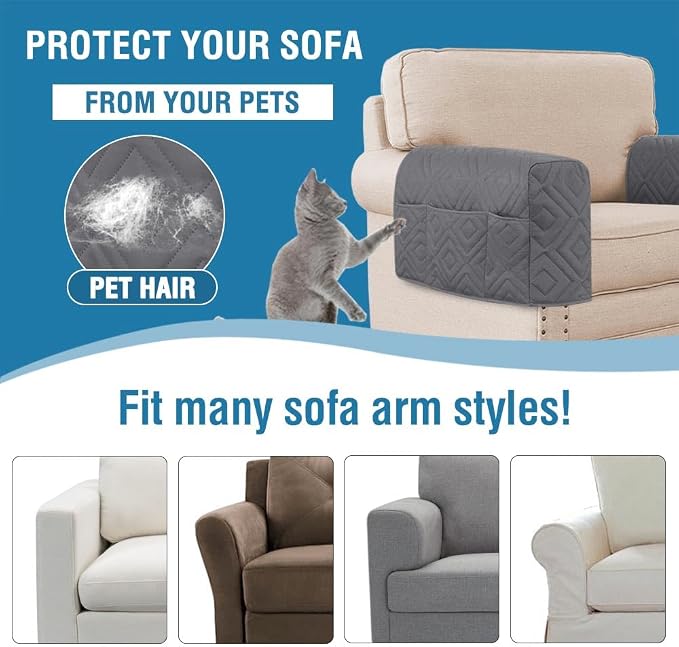 H.VERSAILTEX Water Resistant Armrest Covers for Sofa, 2 Pack, Gray/Beige | Waterproof Armchair Caddy, Couch Arm Covers Remote Control Holder Sofa Armrest Organizer for Magazine, Tablet, Phone, iPad