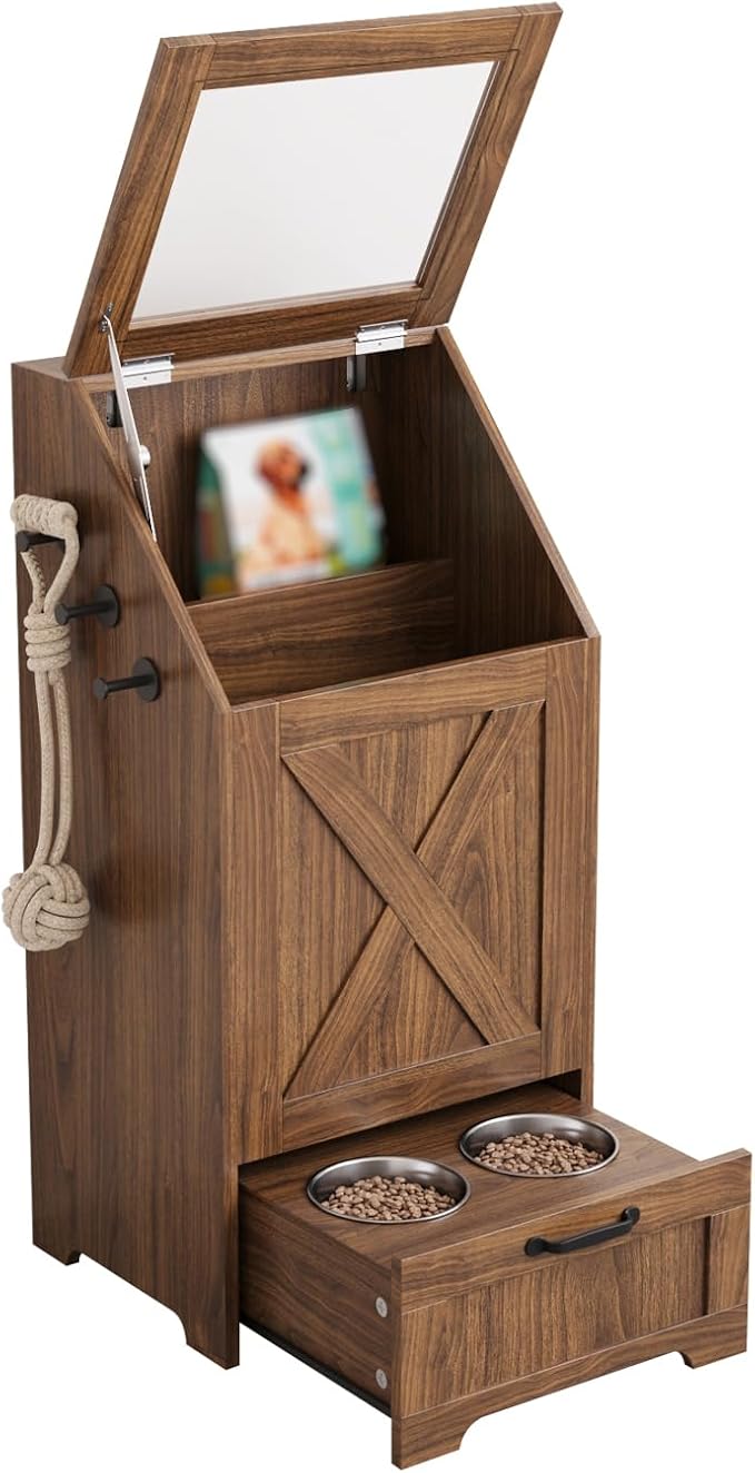 Pet Feeding Station with Storage Cabinet & 2 Elevated Bowls,Hooks,Walnut | Flip-top Sealed Food Bin.Pull-out Bowl Drawer with Wheels.3 Side Hooks+Internal Shelf for Cans.Anti-tip Device.For Dogs/Cats.