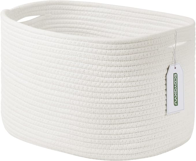 ECDYQXVU 15x10x9 Inch Woven Cotton Rope Storage Basket, 1 Pack | Foldable Design, Built-in Handles, Space-saving Organizer for Living Room, Bedroom, Laundry, Shelves, Clothes, Towels