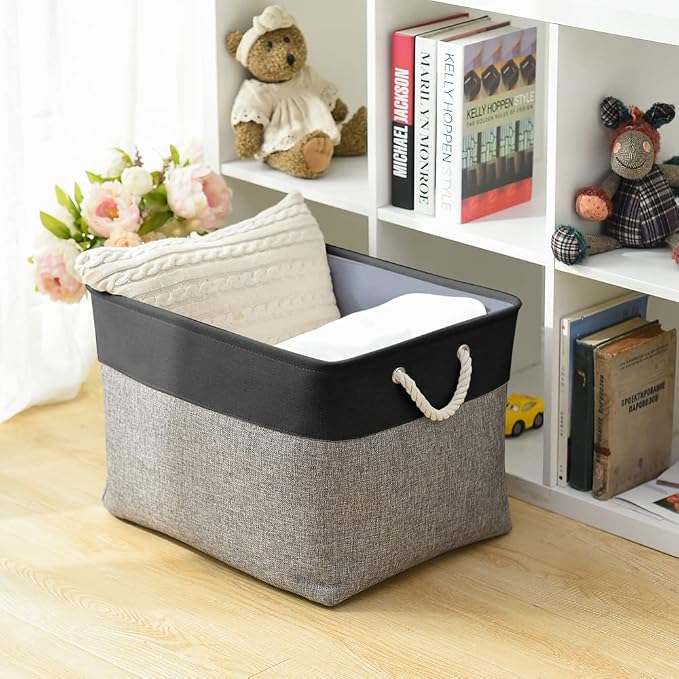 Organization and Storage Basket for Shelves - 20x16x14 inch Jumbo 3 Pack Collapsible Storage Bins for Organizing, Fabric Storage Cubes for Organizer Gift Toy Closet (Black & Grey)