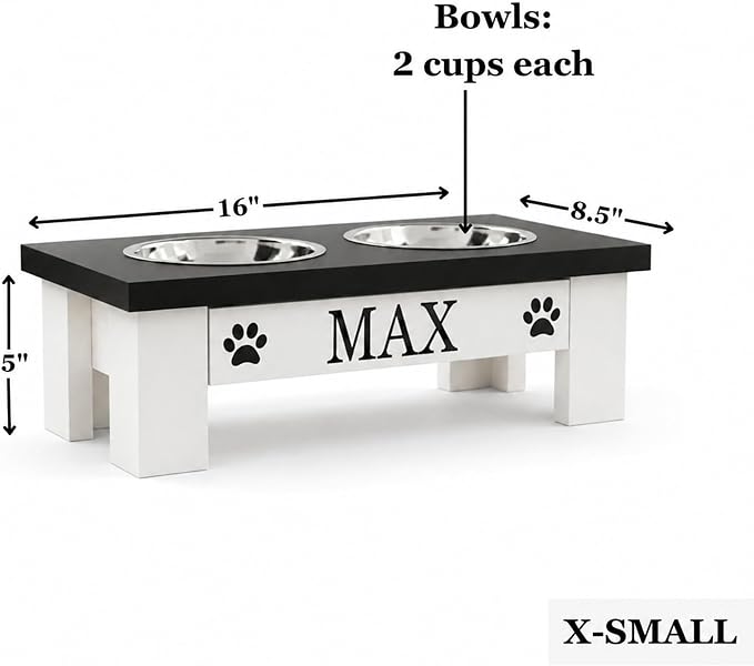 Personalized Dog Bowls Stand for Small Dogs, Wood Elevated Feeding Station | Farmhouse Style, Stainless Steel Dishwasher Safe Bowls, Raised Anti-Slip Feeder, Made in USA