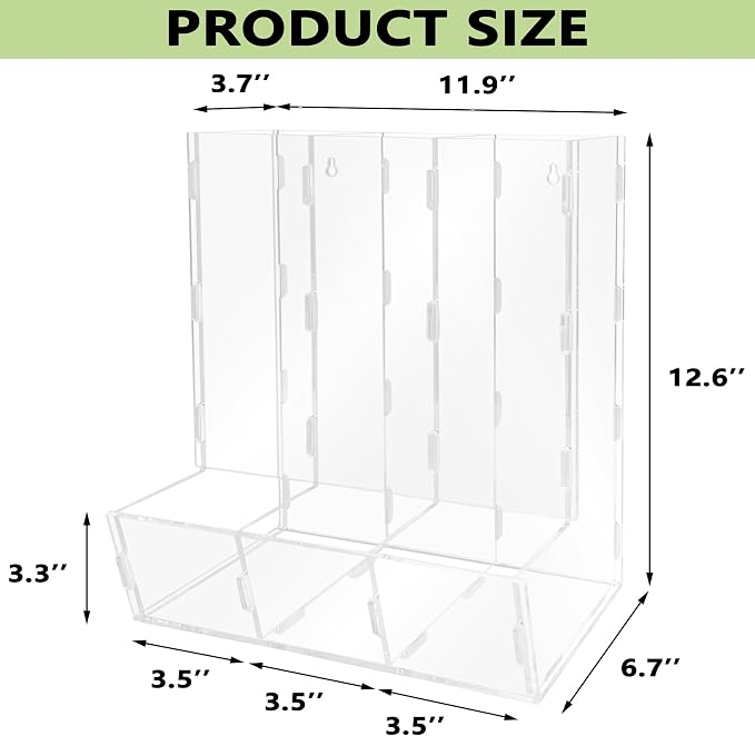 Montex Acrylic Wall Toy Dispenser, Acrylic Wall Storage, (Triple Compartment) Hanging Organizer and Storage Bin for Playroom, Blocks, Cars, Balls, Snacks