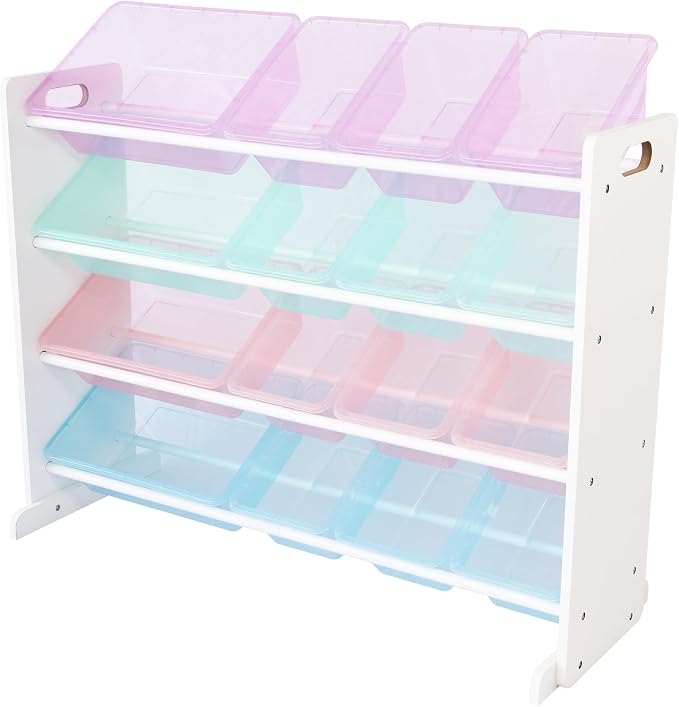 Humble Crew Kids Toy Organizer with 16 Bins, 4 Tier Storage for Playroom | Sturdy wood and steel toddler shelf, removable BPA-free containers, wall anchor anti-tip safety kit for bedroom or classroom