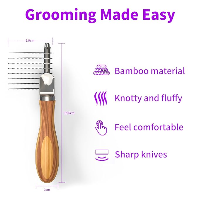 Dog Dematting Comb & Rake, Stainless Steel Pet Grooming Brush for Mats & Tangles, Gentle Undercoat Rake for Doodles, Poodles, Goldendoodles, Long/Short Haired Dogs & Cats, Non-Slip Wooden Handle