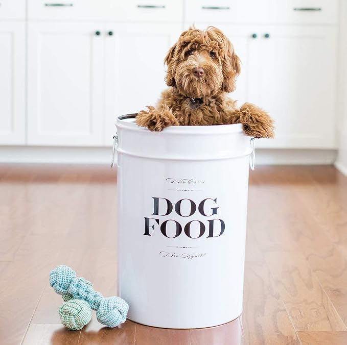 Harry Barker Bon Chien Dog Food Storage Canister – Large 11 gallon, Airtight Stainless Steel Pet Food Container, Stylish Kitchen Counter Dog Kibble Storage with Easy-Open Lid - White