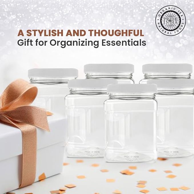Pride of India Clear Food Grade PET Plastic Jars – 32 Fluid Ounce, 6-Jar Pack | Square-Grip Plastic Containers for Snacks, Pet Food, Kitchen, Pantry & Household Storage (3-4 Cup Storage Capacity)