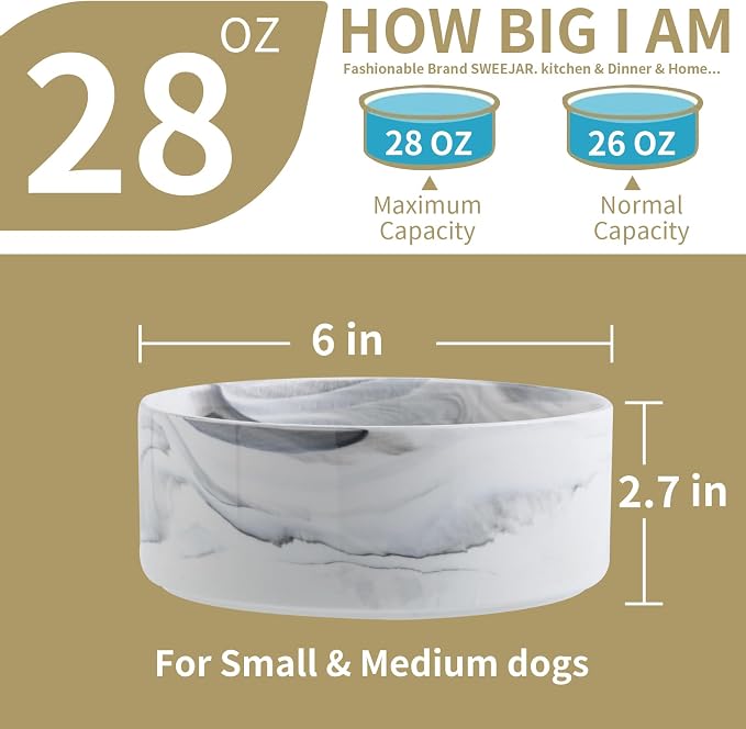 Elevated/Raised Dog Bowl Ceramic with Wood Stand for Small Medium Breed,Dog Food Water Dish Heavy, 6 in Non Slip Modern Cute Porcelain Pet Bowl Marble Grey