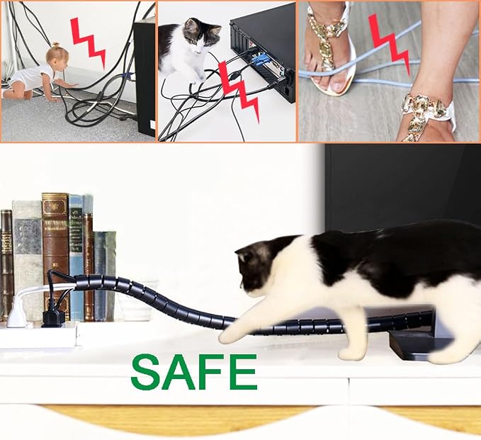 Large PC Cable Management Tube Sleeve Under Desk Wire Organizer for Cords 2 PCS Black, 1.1 inch -5 ft EZ Spiral Cable Wrap Cover Bundler w/Clips for TV Office, Pet Proof Cable Protector