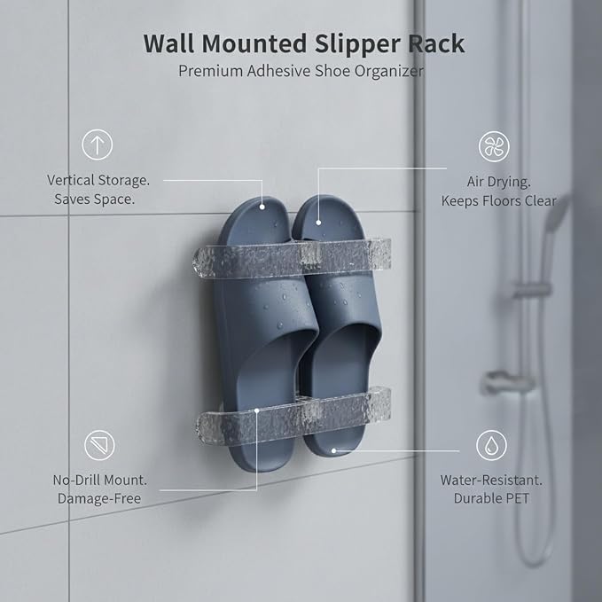 Sturdy PET Plastic Wall Slipper Rack, Adhesive No-Drill Shoe Organizer for Smooth Surfaces, Vertical Storage Caddy (1 Pack)