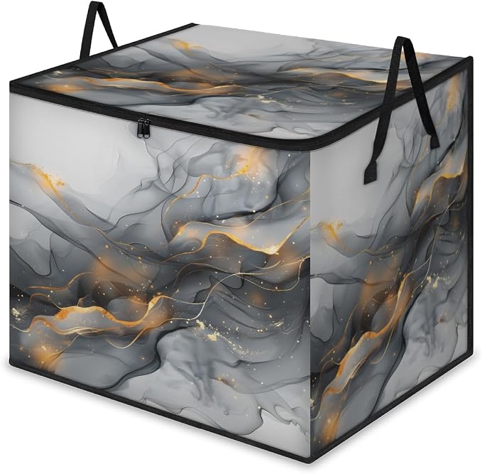Gold Black Marble Large Storage Bags, Fabric Bed Storage Containers, Foldable Closet Organizers for Blanket, Clothing, Comforter, Bedding, Black Grey Modern Abstract