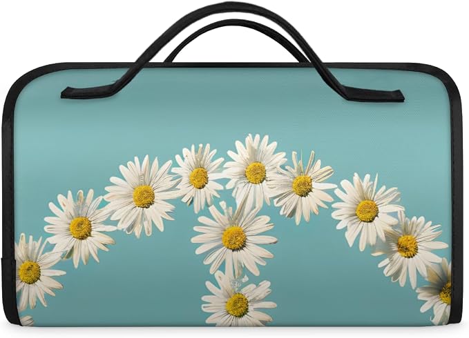 Floral Peace Sign Makeup Bag for Women Hanging Roll-Up Travel Organizer Toiletry Kit with 4 Removable Compartments, Daisy