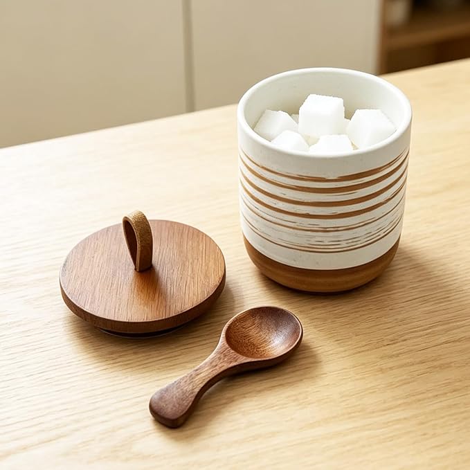 10oz Ceramic Food Storage Container with Lid & Spoon,Sugar Bowl,Airtight Coffee Matcha Containe,Loose Leaf Tea Storage,Salt Cellar,Spice Jar(White Spiral Pattern)