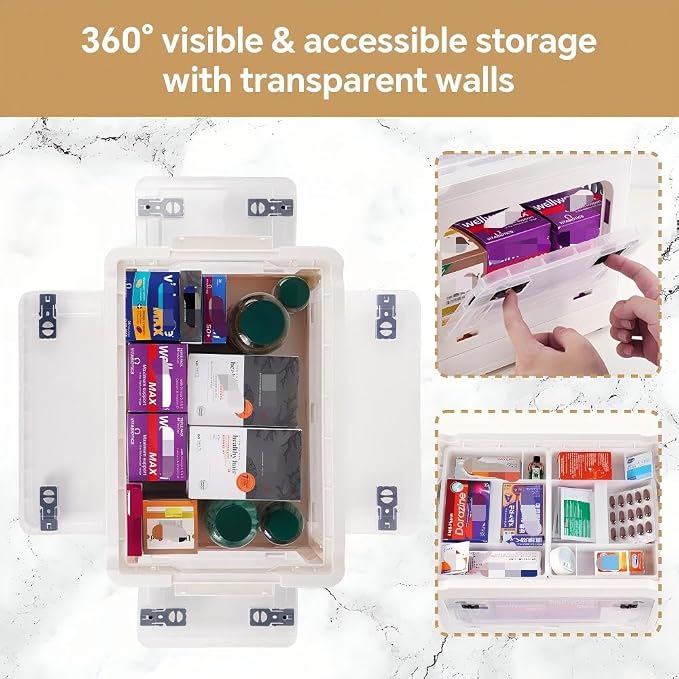 HEY FOLY 30qt Medicine Organizer Storage Box with 4-Side Opening Doors, White Foldable Medication Organizer Empty, Container Case Stackable First Aid Box for Home Storage