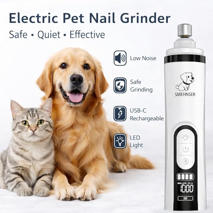 YFL Dog Nail Grinder, Ultra Quiet 3-Speeds Pet Nail Trimmer with LED Lights, Low Vibration Electric Nail Clippers for Dogs & Cats, Painless Paws Grooming & Smoothing for Small Medium Large Pets