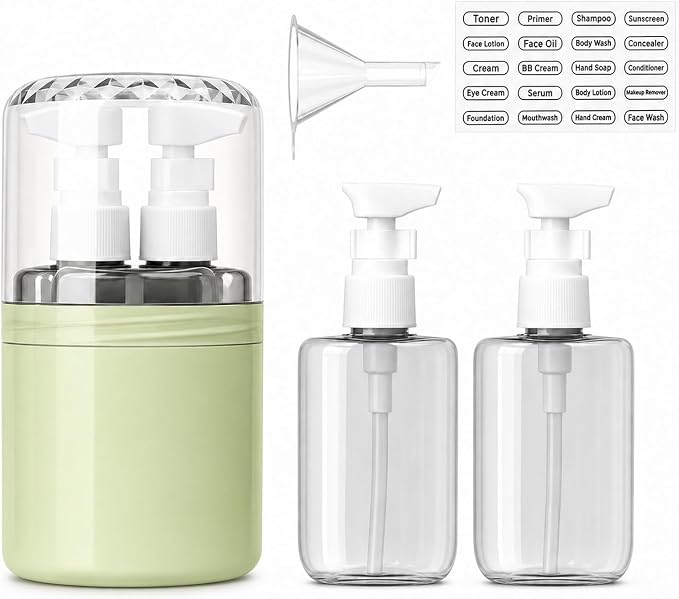 2-in-1 Travel Dispenser with 2 x 100 mL Bottles, Green | 2 refillable 100 mL bottles, pump , included label stickers, compact design for toiletries, travel, gym
