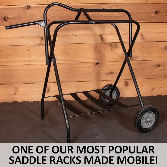 EASY-UP Portable Saddle Rack Stand on Wheels | Folding English & Western Saddle Holder | Horse Tack Room Storage | 8' All-Terrain Rolling Tires