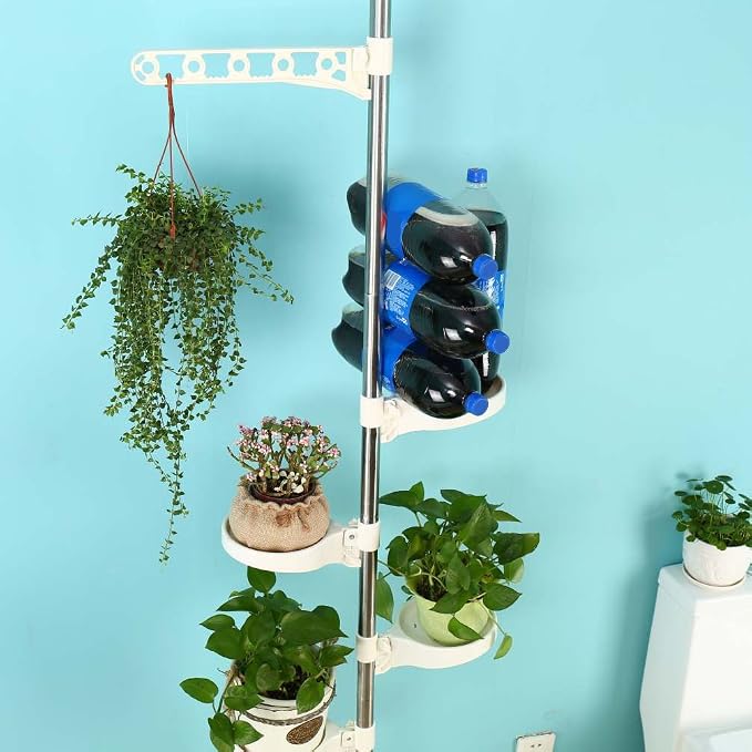 BAOYOUNI 5-Tier Plant Stand Pole Tension Rod Flower Holder Rack, Ivory | Adjustable Stainless Steel Vertical Garden Organizer ,Space-Saving Indoor Plant Display ，No-Drill 4 Trays&1 Hook