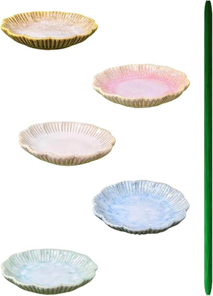 Ceramic Bird Bath Set of 2 with Fluted Bowl Stake, Vertical Blue | Decorative Glazed Water Basin for Patio Garden Balcony Display