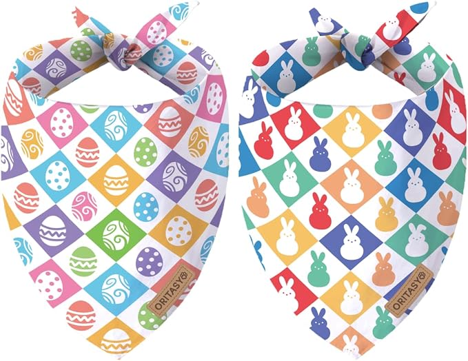 Easter Dog Bandanas, 2-Pack Triangle Reversible Bunny Eggs Pet Scarves, Premium Fabric, Bandana for All Boys Girls Dogs (Checkered, One Size)