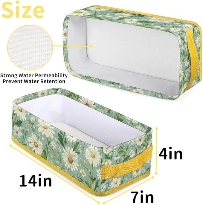 Daisy Green White Flowers Bathroom Storage Basket, Foldable with Handle Open Countertop Paper Towel Decorative Box, Toilet Tank Top Shelf Baskets for Home Closet Bedroom Living Room Office