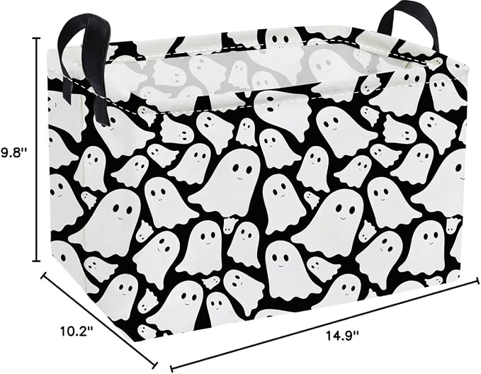 Essme Rectangular Halloween Basket,Ghost Storage Bins Organizer with Handles for Room Decor, Gift Basket.(Black Cute Ghost)