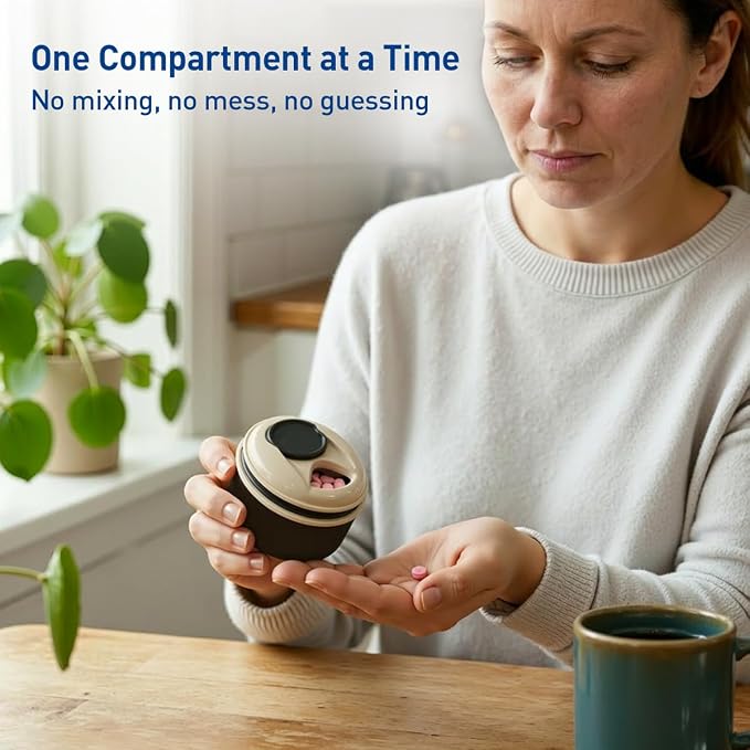 Ezy Dose Mini Vitamin Organizer, Multi Compartments, Black & Cream, Medium | Portable and Compact Design, Easy Access Sliding Pill Dispenser, Supplement Organizer with Anti-Mix Design, Travel Friendly