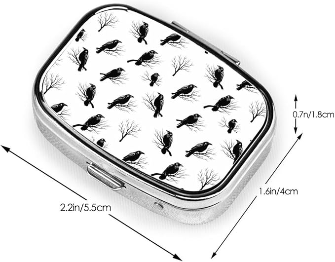Purse Pill Container Slim Vitamin Organizer Credit-Card Sized Women’s Daily Essential, Tree Branch Black Crow Raven Bird