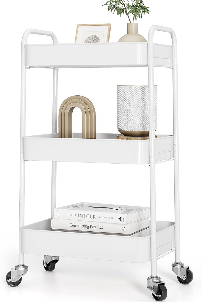 TOOLF 3 Tier Metal Rolling Cart, Utility Storage Cart with Wheels, White | Screwless Assembly, Lockable Metal Wheels, Trolley Organizer for Bathroom, Kitchen, Office, Dorm, Laundry, Craft Room