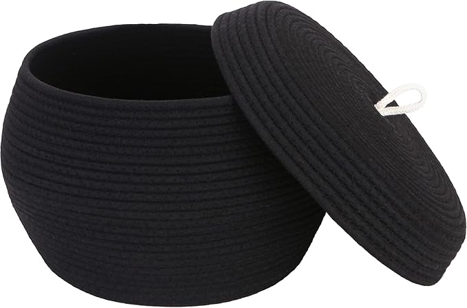 Sea Team Round Woven Cotton Rope Storage Basket with Lid, Black | Lidded Knitted Decorative Storage Bin, Pot, Caddy, Organizer, Container for Snacks, Towels, Plants, 13 x 9 Inches