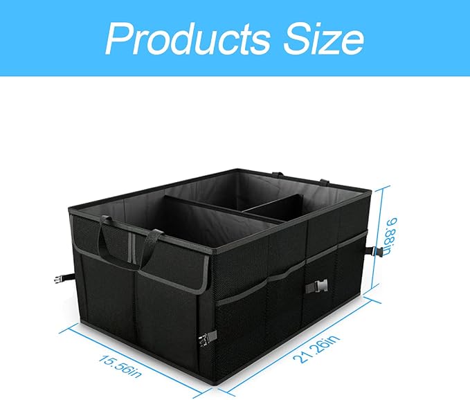 8sanlione Car Trunk Organizer, 3 Compartments, 7 Storage Areas, Black1 | For sedans, SUVs, vans, woven fabric shell, side grips, light-item sorting, wipe-clean care, automotive interior accessories