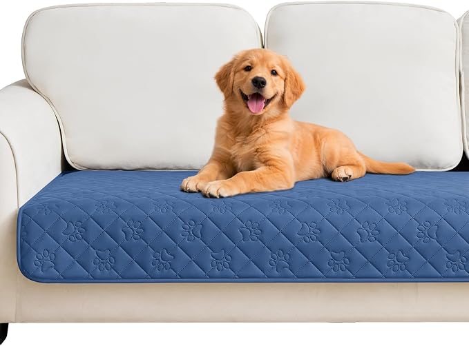 PAWFINITY Waterproof Couch Covers for Dogs, Pet Blanket for Sofa Washable | Paw Print Quilted, Hair Resistant, Anti Cat Scratch, Pee Proof Furniture Protector for 3 Seat Sofa and Bed, 30x80 Inch, Blue