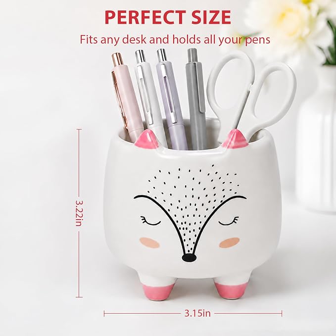 Ceramic Fox Shaped Pen Pencil Holder for Desk Decoration Accessories Fox Decor Makeup Brush Pen Cups Office School Ideal Gifts for Women, Mom or Birthdays