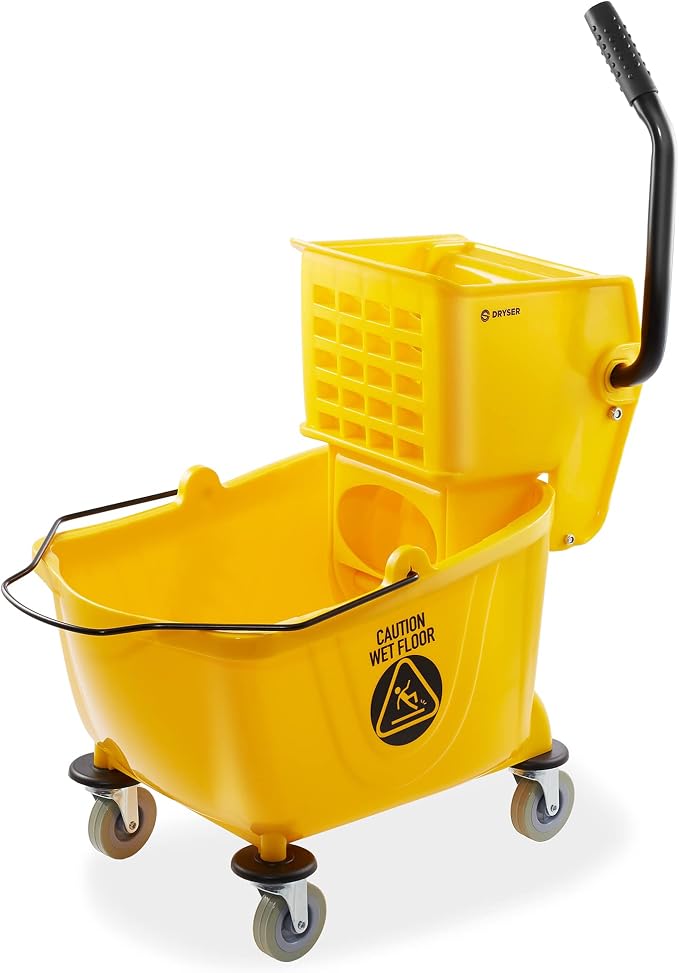 Commercial Janitorial Cleaning Cart on Wheels with Cover, Shelves and Vinyl Bag & Commercial Mop Bucket with Side Press Wringer, 26 Qt. Yellow