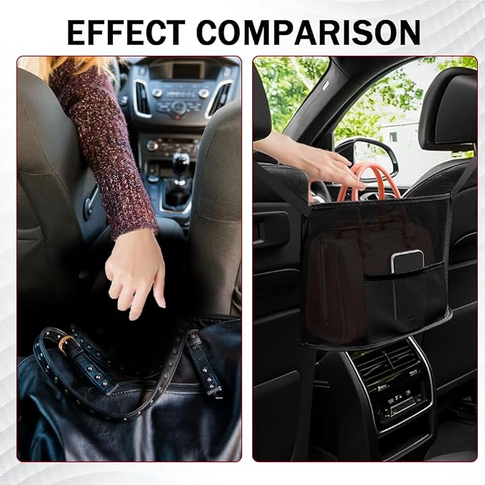 Car Net Pocket Handbag Holder, Organizer Storage Between Front Seats, Large Capacity Auto Seat Back Mesh Pocket Organizer, Car Handbag Holder Between Seats Universal for Most Vehicles (Black)