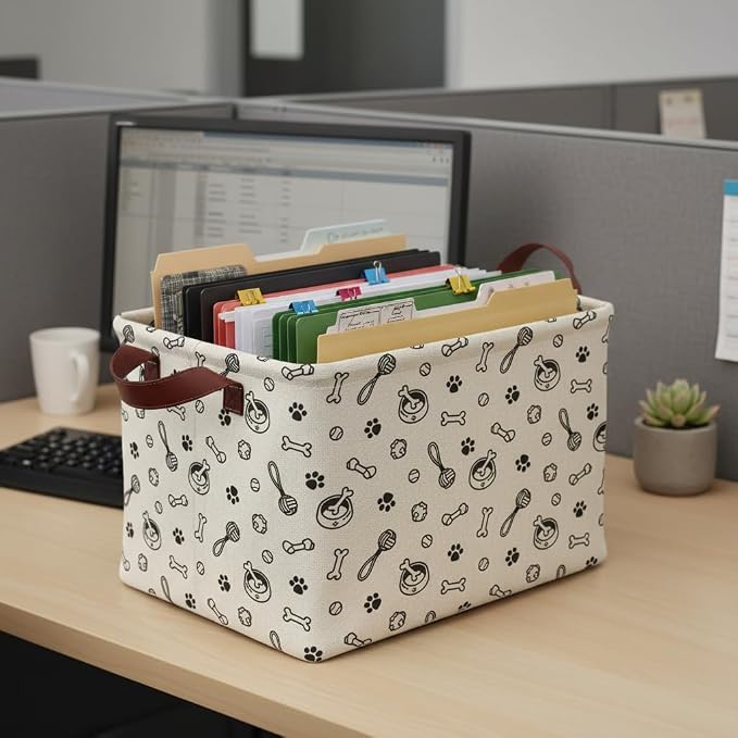 Dog Paw Storage Basket Waterproof Canvas Toy Storage Bin Storage Organizer Collapsible Outdoor Basket with Leather Handles Dog Toy Bin Blanket Baskets For Closets,Bedrooms,Gifts Baskets