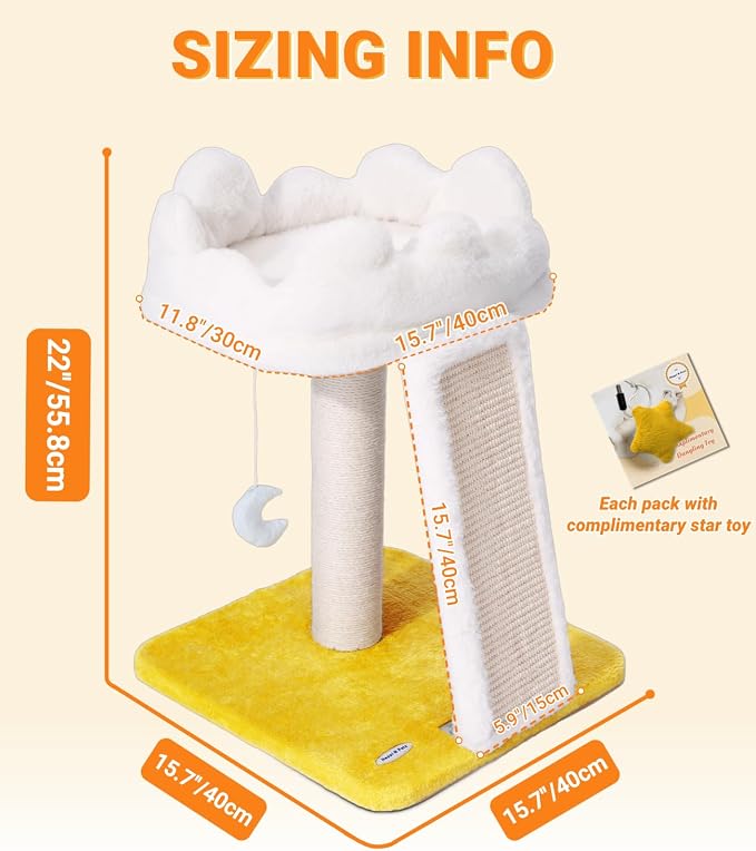 Cat Tree, Cloud Cat Tower with Soft Bed, Cat Scratching Post & Pad with Larger Perch for Window Viewing, Small Cat Tree with Cute Toys, Bonus Catnip