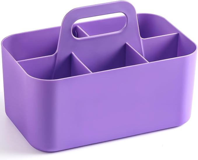 Multiuse Caddy Organizer with Handle, Portable Divided Plastic Tote Bin - Art Craft, Stationary Pen Marker Crayon, Makeup Hair Supplies Storage - Bathroom, Classroom, Dorm, Office, Desk Holder -Purple