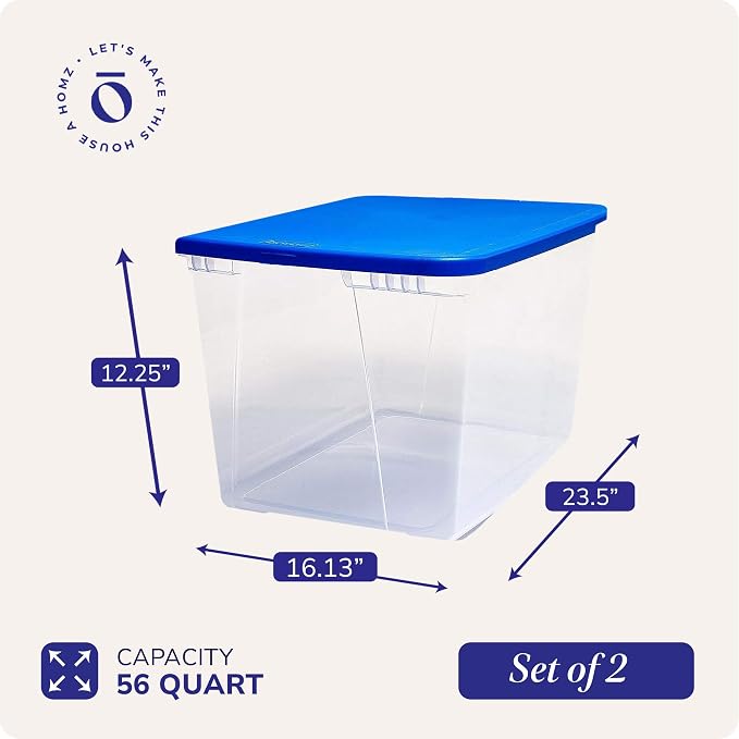 HOMZ 2-Pack Snaplock, Large Clear Plastic Storage Organizer Bins w/Lids, 56 Quart, Blue - Stackable Container Boxes for Bedroom, Bathroom, Garage, and Office Organization