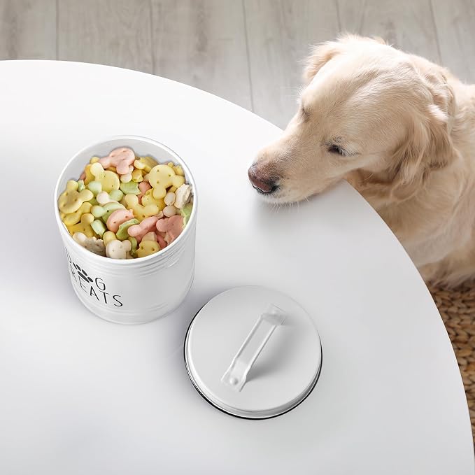OUTNILI Large Dog Treat Container Airtight - 6.6" Tall X 6" Round White Dog Treat Jar for Kitchen Counter - Rustic Treat Storage Canister for Dogs, Cats, Small Animals - Gifts for Pet Owners