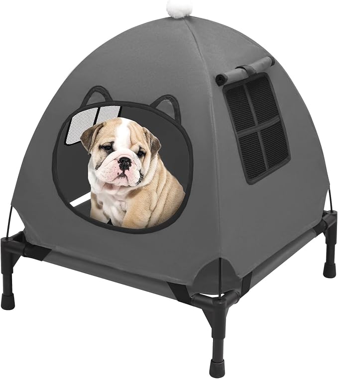 Pozico Elevated Pet Bed with Breathable Mesh for Small Cat and Dog, Raised Cooling Pet Cot for Puppy and Kitty, 18.9x18.9 inch (Dark Gray Bed with Canopy)