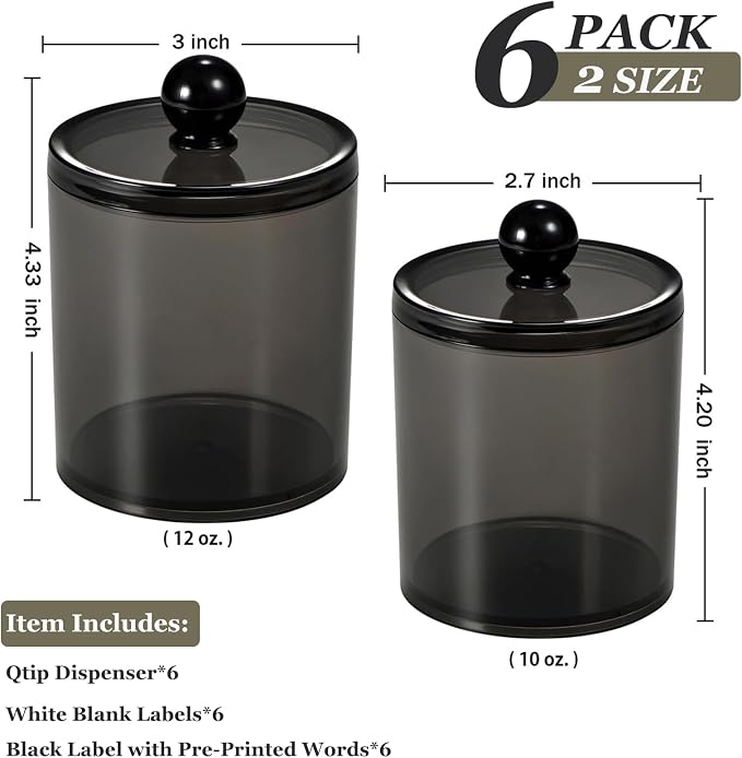 SheeChung 6 Pack Black Qtip Holder,Acrylic Apothecary Jars with Lids | (3)12oz & (3)10oz Q Tip Holder with Labels,Bathroom Organizer Set for Cotton Swabs,Balls,Pads,Bathroom Accessories