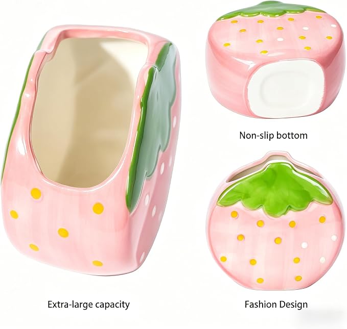 Ceramic Strawberry Shaped Pen Pencil Holder for Desk Decoration Accessories Strawberry Decor Makeup Brush Pen Cups Succulent Plant Pot Office School Ideal Gifts for Women, Mom or Birthdays (pink)