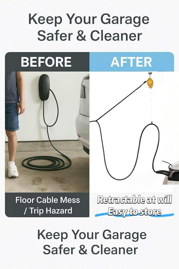 EV Charger Retractable Cord Reel, Overhead EV Charging Cable Organizer for Garage, 6.6 ft Reach, Ceiling or Wall Mount, Compatible with Tesla NACS & Most J1772 Cables