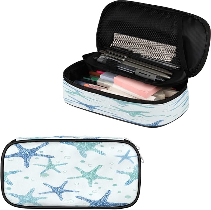 Teal Blue Starfish Pattern Pencil Case Pouch, Big Capacity Waterproof Pen Bag for Students Teens Adults, Large Storage Organizer for Stationery